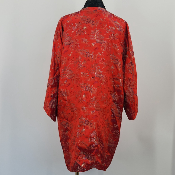 Vintage Oriental Kimono Robe L Red Black Satin Asian Print Lounge Duster Boho - Picture 3 of 9